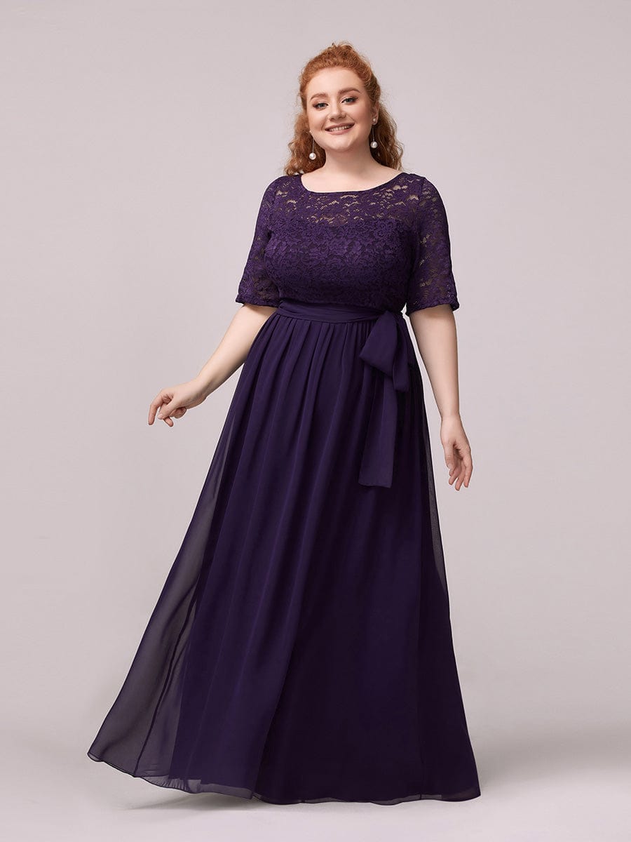 Women's Elegant Lace & Chiffon Maxi Evening Dress with Belt #color_Dark Purple