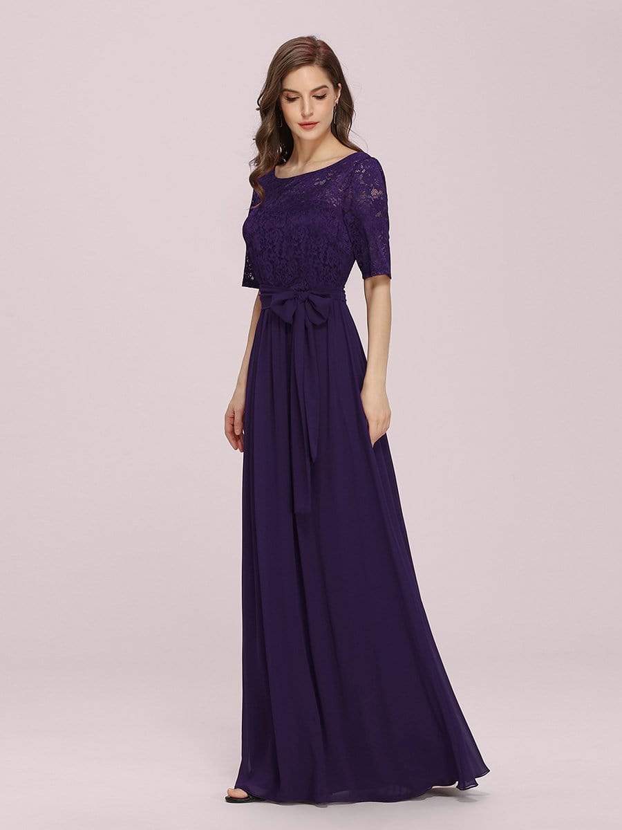 Women's Elegant Lace & Chiffon Maxi Evening Dress with Belt #color_Dark Purple