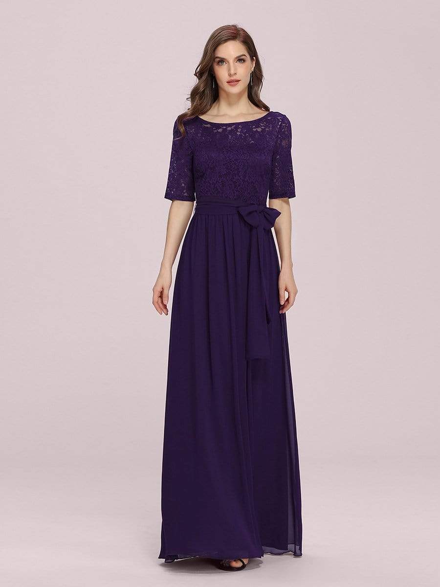 Women's Elegant Lace & Chiffon Maxi Evening Dress with Belt #color_Dark Purple