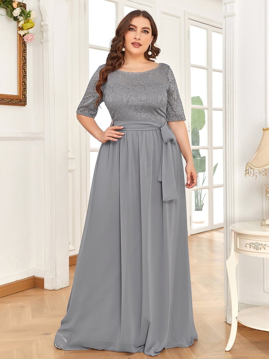 Women's Elegant Lace & Chiffon Maxi Evening Dress with Belt #color_Grey