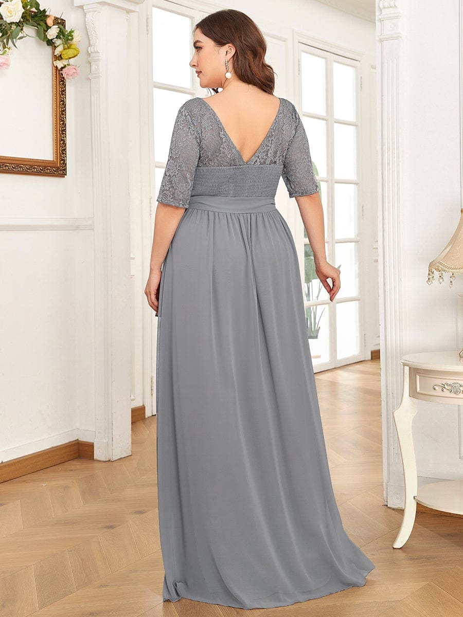 Women's Elegant Lace & Chiffon Maxi Evening Dress with Belt #color_Grey