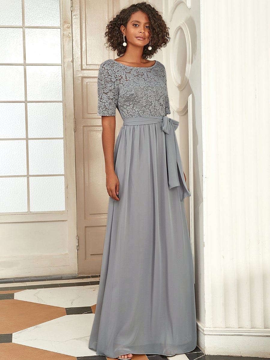 Women's Elegant Lace & Chiffon Maxi Evening Dress with Belt #color_Grey