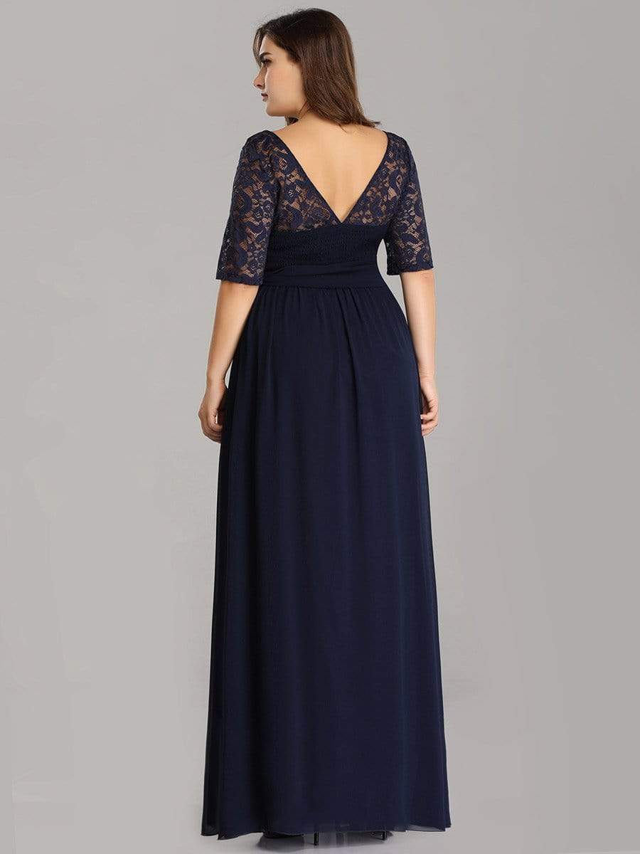 Women's Elegant Lace & Chiffon Maxi Evening Dress with Belt #color_Navy Blue