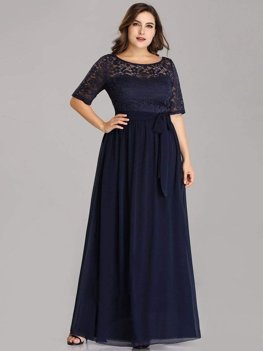 Women's Elegant Lace & Chiffon Maxi Evening Dress with Belt #color_Navy Blue