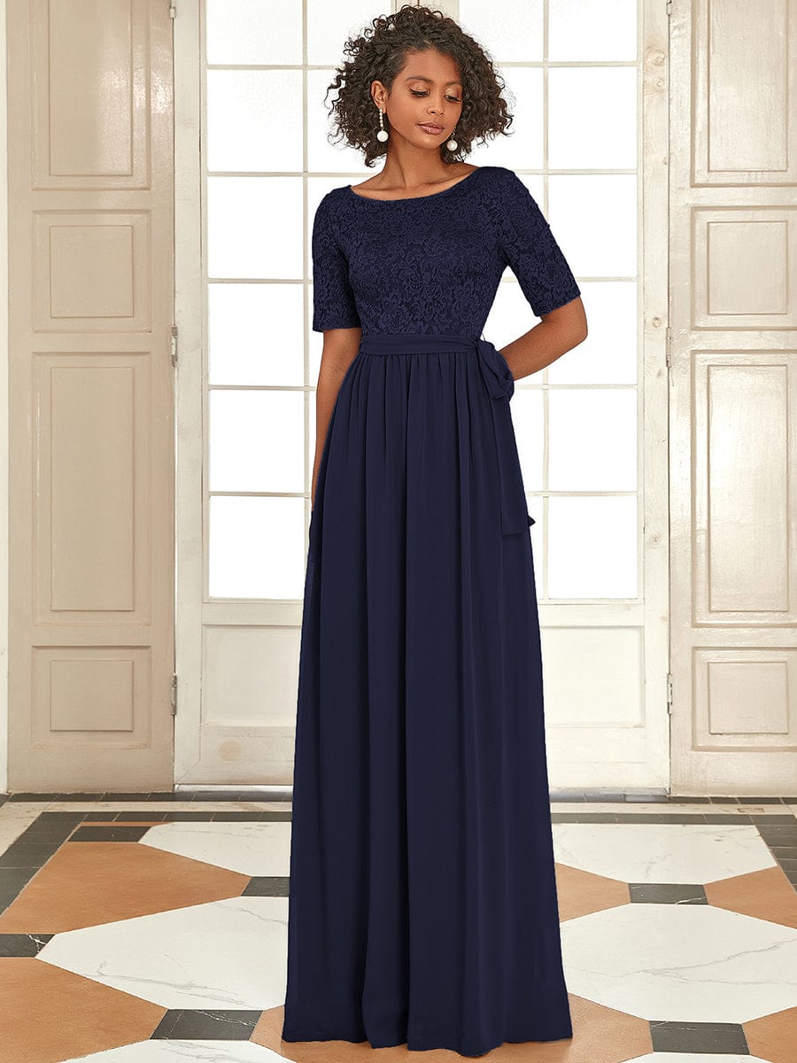 Women's Elegant Lace & Chiffon Maxi Evening Dress with Belt #color_Navy Blue