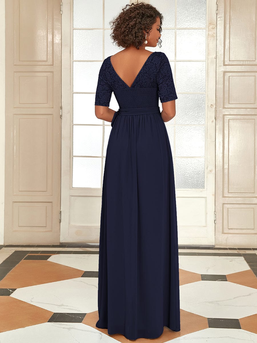 Women's Elegant Lace & Chiffon Maxi Evening Dress with Belt #color_Navy Blue