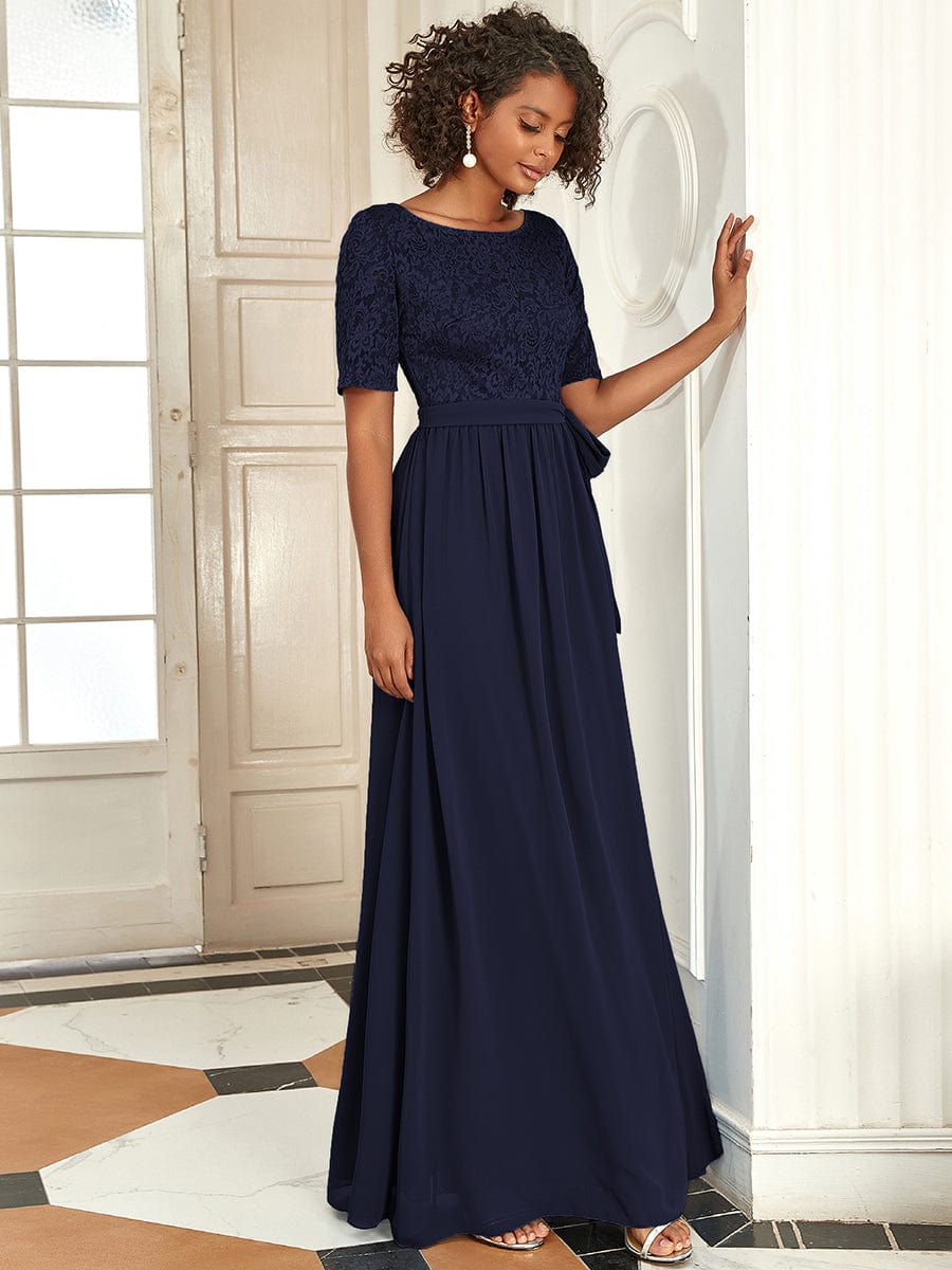 Women's Elegant Lace & Chiffon Maxi Evening Dress with Belt #color_Navy Blue