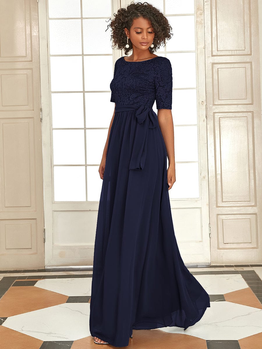 Women's Elegant Lace & Chiffon Maxi Evening Dress with Belt #color_Navy Blue