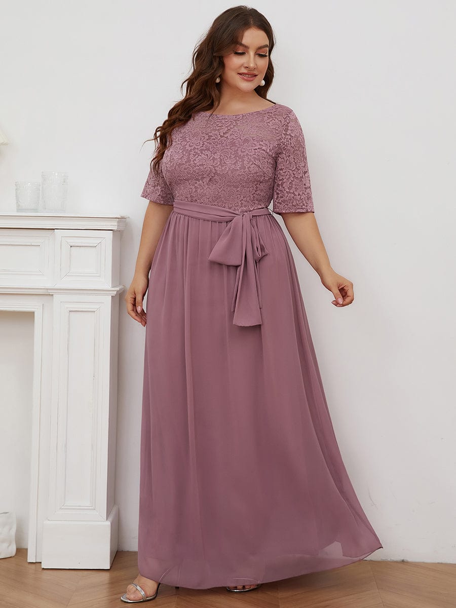 Women's Elegant Lace & Chiffon Maxi Evening Dress with Belt #color_Purple Orchid