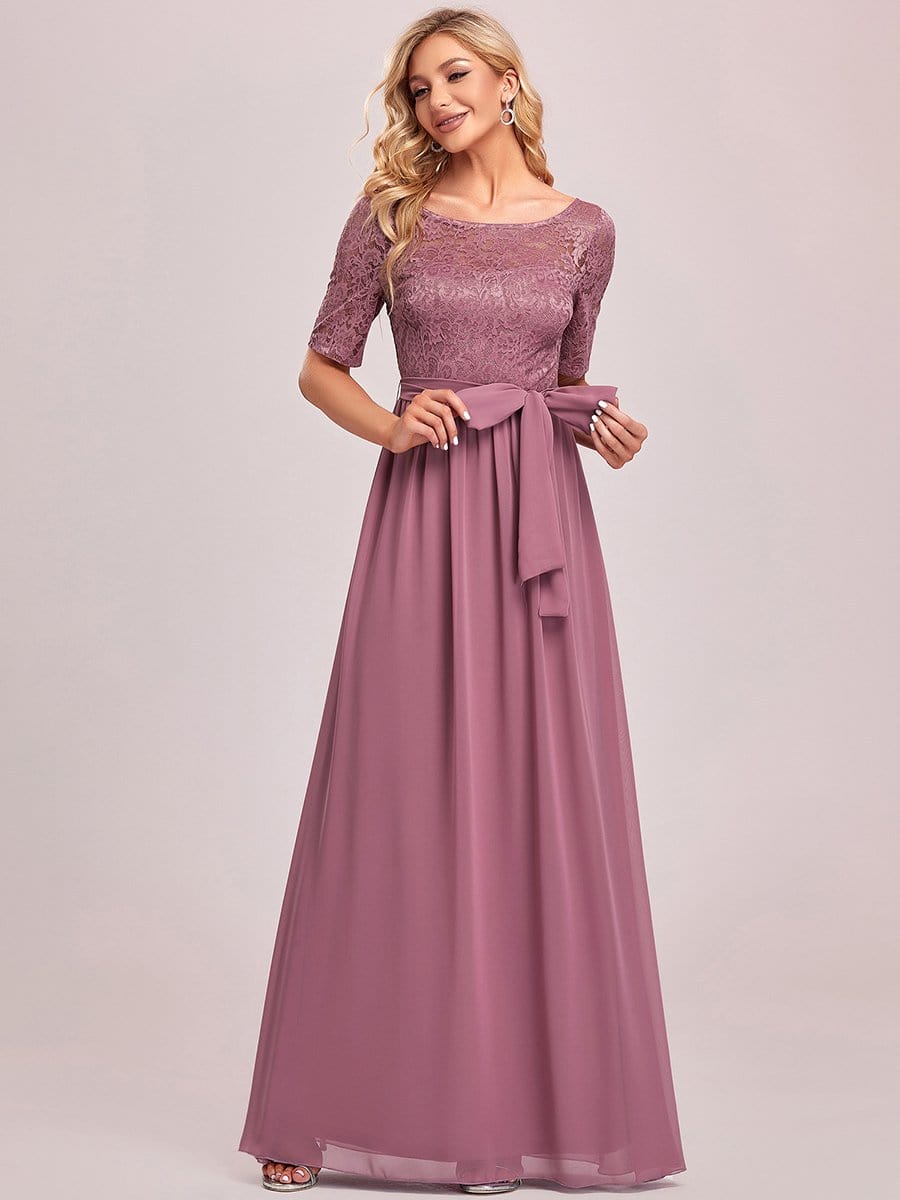 Women's Elegant Lace & Chiffon Maxi Evening Dress with Belt #color_Purple Orchid