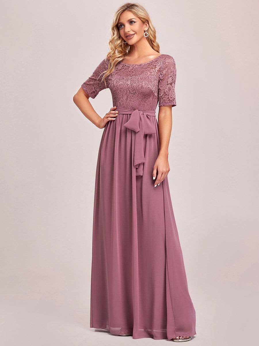 Women's Elegant Lace & Chiffon Maxi Evening Dress with Belt #color_Purple Orchid