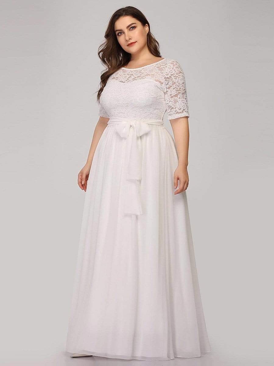 Women's Elegant Lace & Chiffon Maxi Evening Dress with Belt #color_White