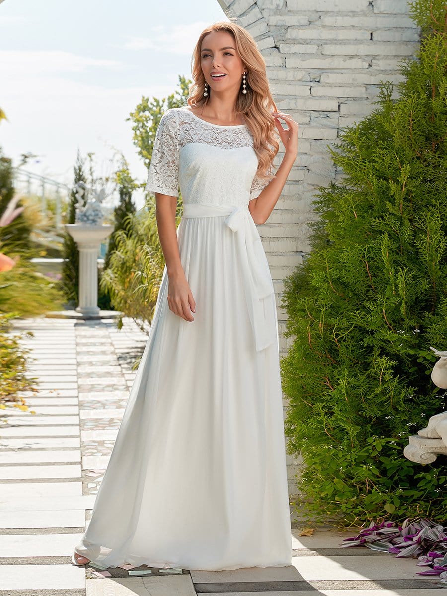 Women's Elegant Lace & Chiffon Maxi Evening Dress with Belt #color_White