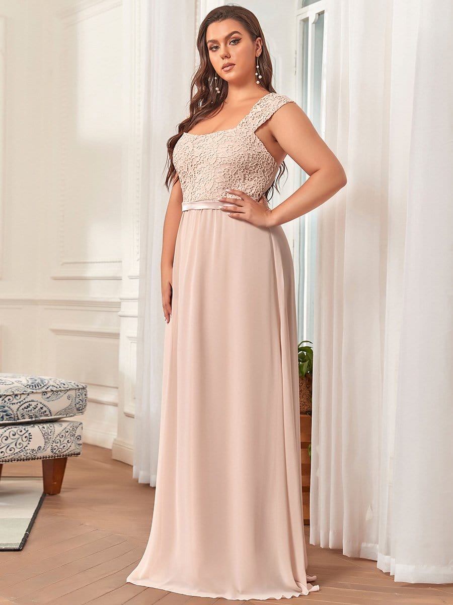 Plus Size Elegant A Line Long Chiffon Bridesmaid Dress With Lace Bodice #color_Blush