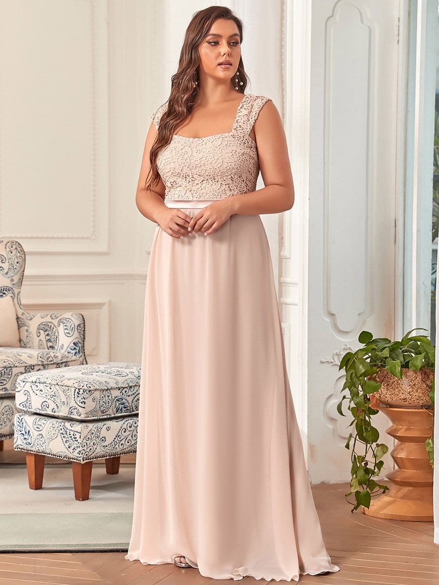 Plus Size Elegant A Line Long Chiffon Bridesmaid Dress With Lace Bodice #color_Blush