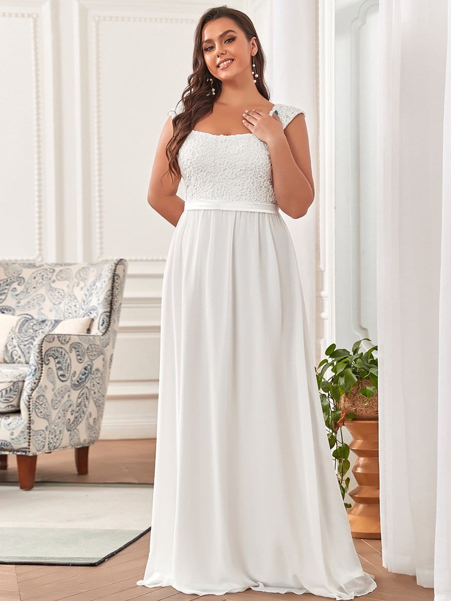 Plus Size Elegant A Line Long Chiffon Bridesmaid Dress With Lace Bodice #color_Cream