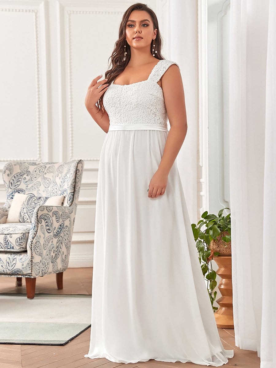 Plus Size Elegant A Line Long Chiffon Bridesmaid Dress With Lace Bodice #color_Cream