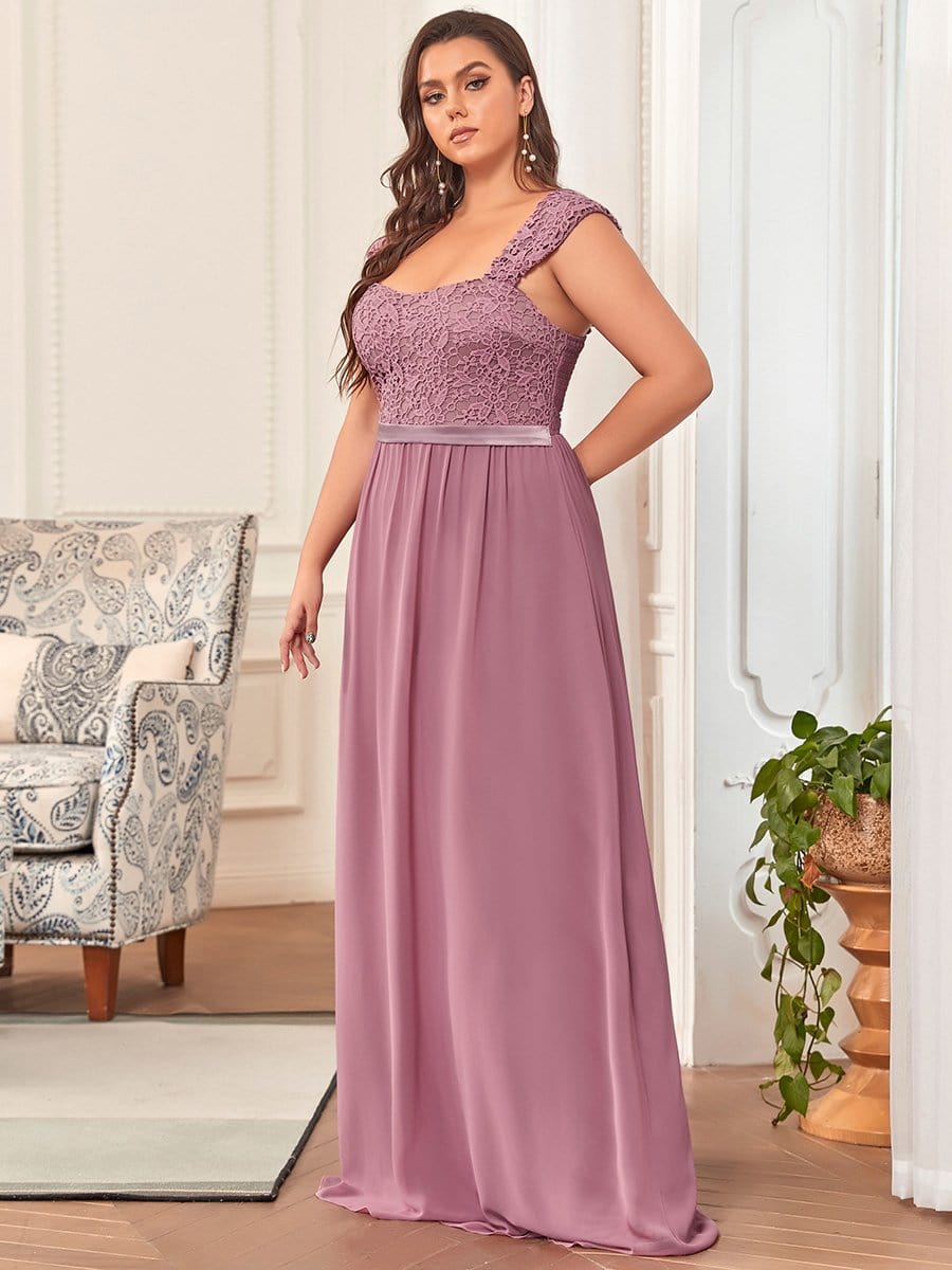 Plus Size Elegant A Line Long Chiffon Bridesmaid Dress With Lace Bodice #color_Purple Orchid