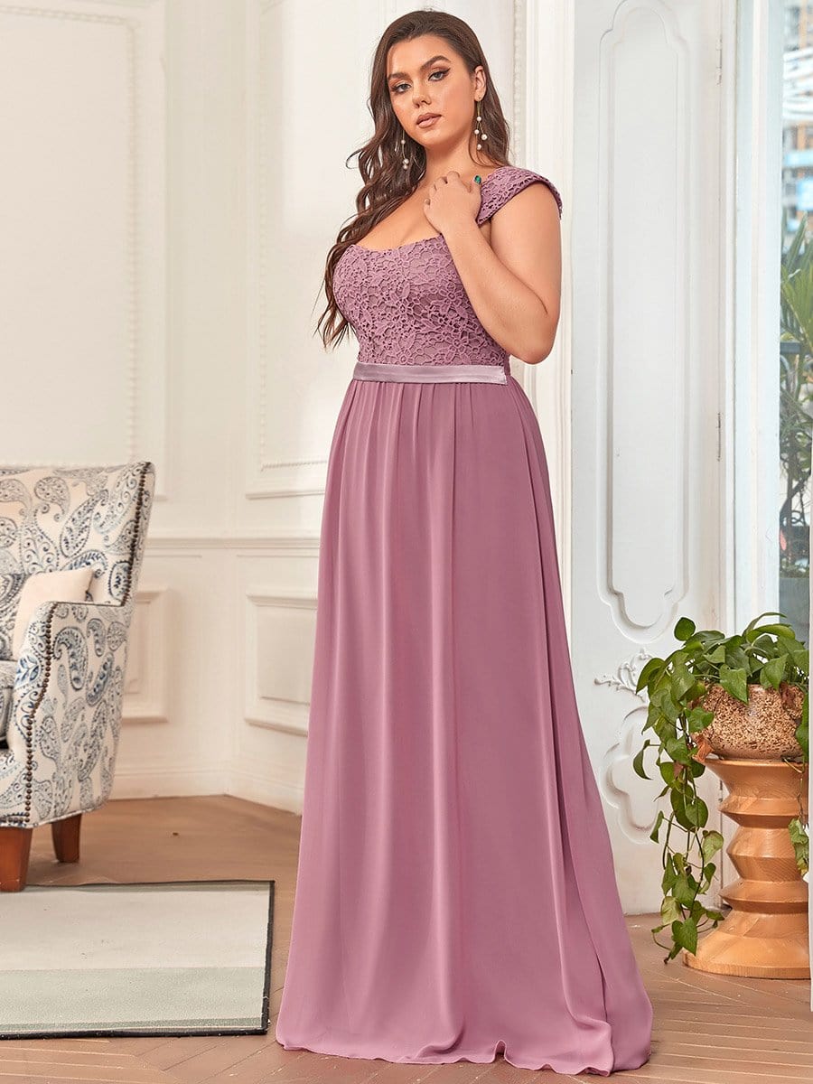 Plus Size Elegant A Line Long Chiffon Bridesmaid Dress With Lace Bodice #color_Purple Orchid