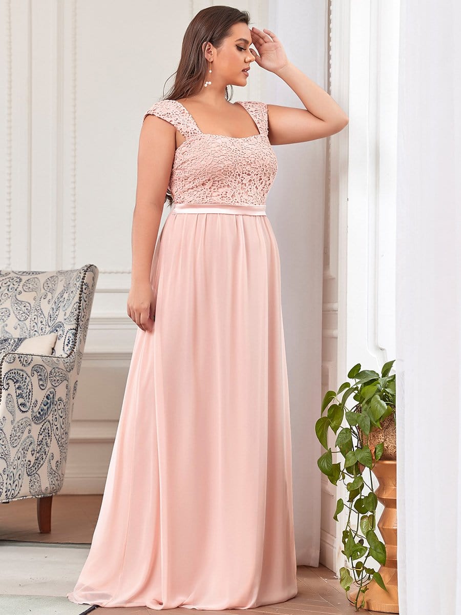 Plus Size Elegant A Line Long Chiffon Bridesmaid Dress With Lace Bodice #color_Pink
