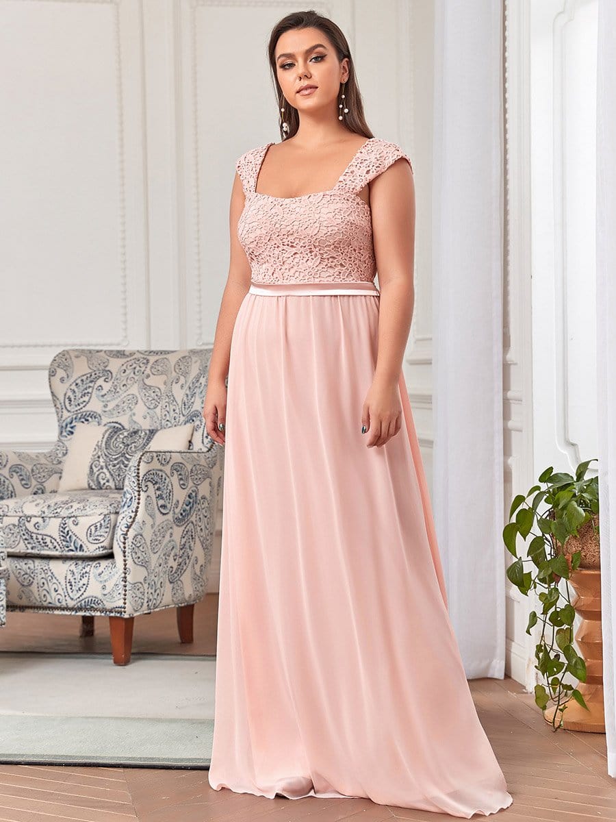 Plus Size Elegant A Line Long Chiffon Bridesmaid Dress With Lace Bodice #color_Pink