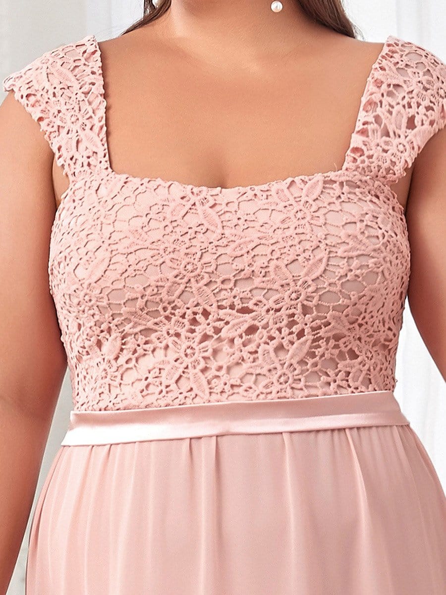 Plus Size Elegant A Line Long Chiffon Bridesmaid Dress With Lace Bodice #color_Pink