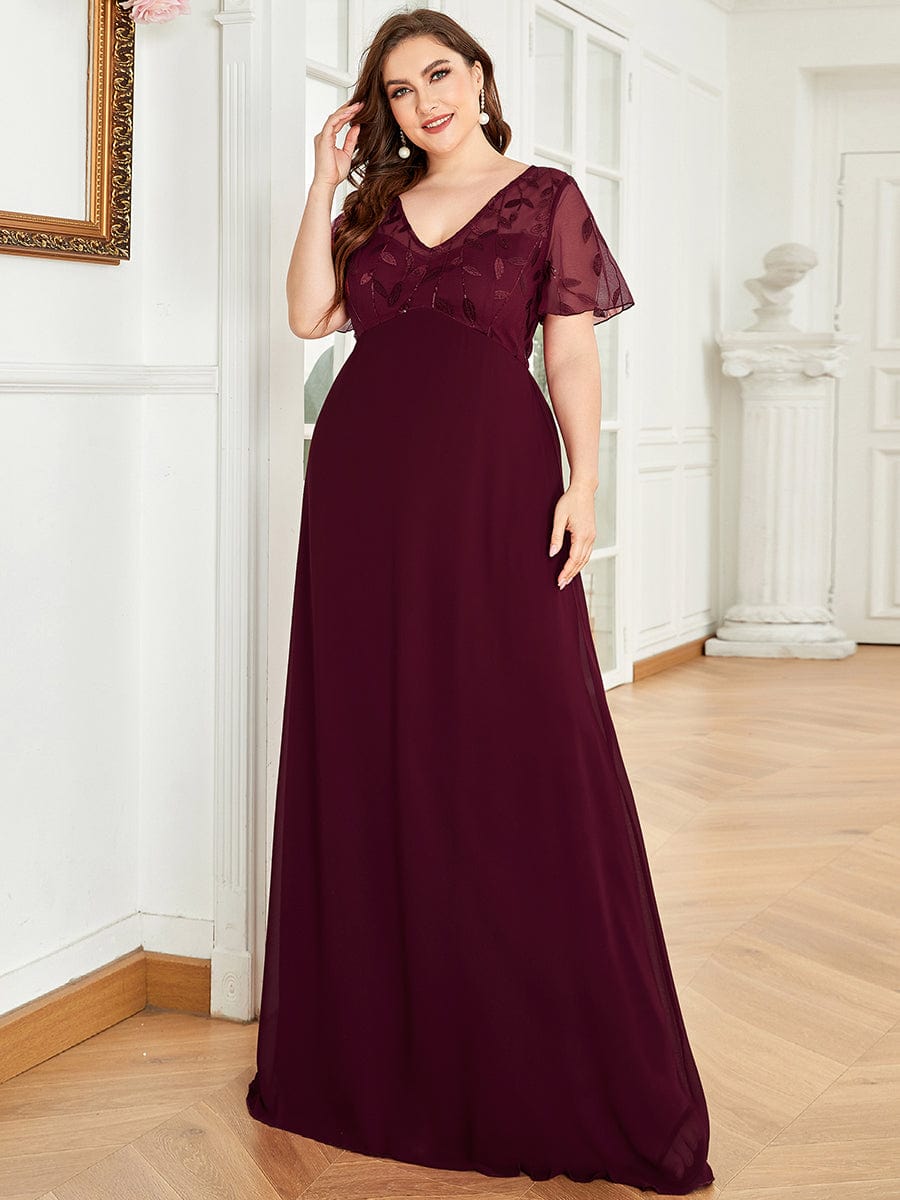 Plus Size Floral Sequin Print Evening Party Dresses with Cap Sleeve #color_Burgundy