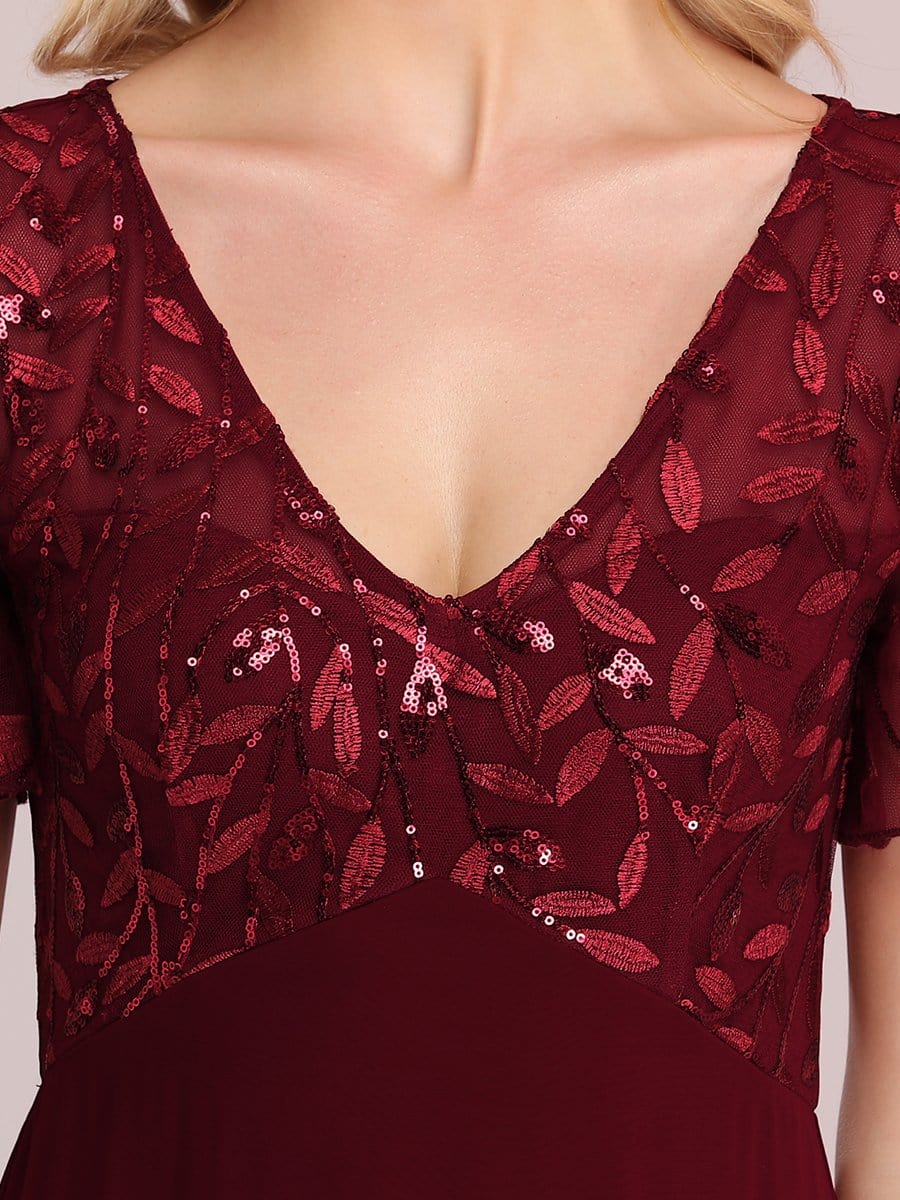 Sequin Print Evening Party Dresses for Women with Cap Sleeve #color_Burgundy