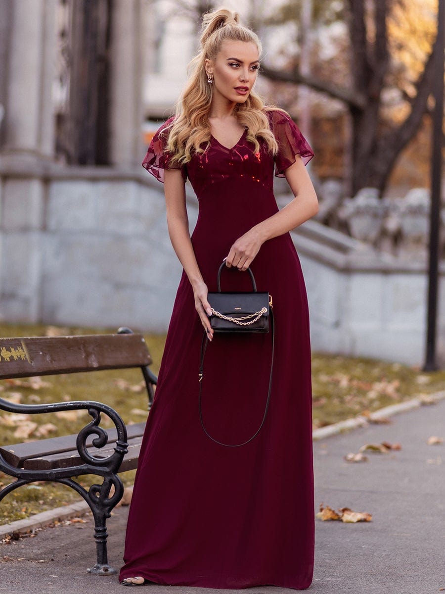 Sequin Print Evening Party Dresses for Women with Cap Sleeve #color_Burgundy