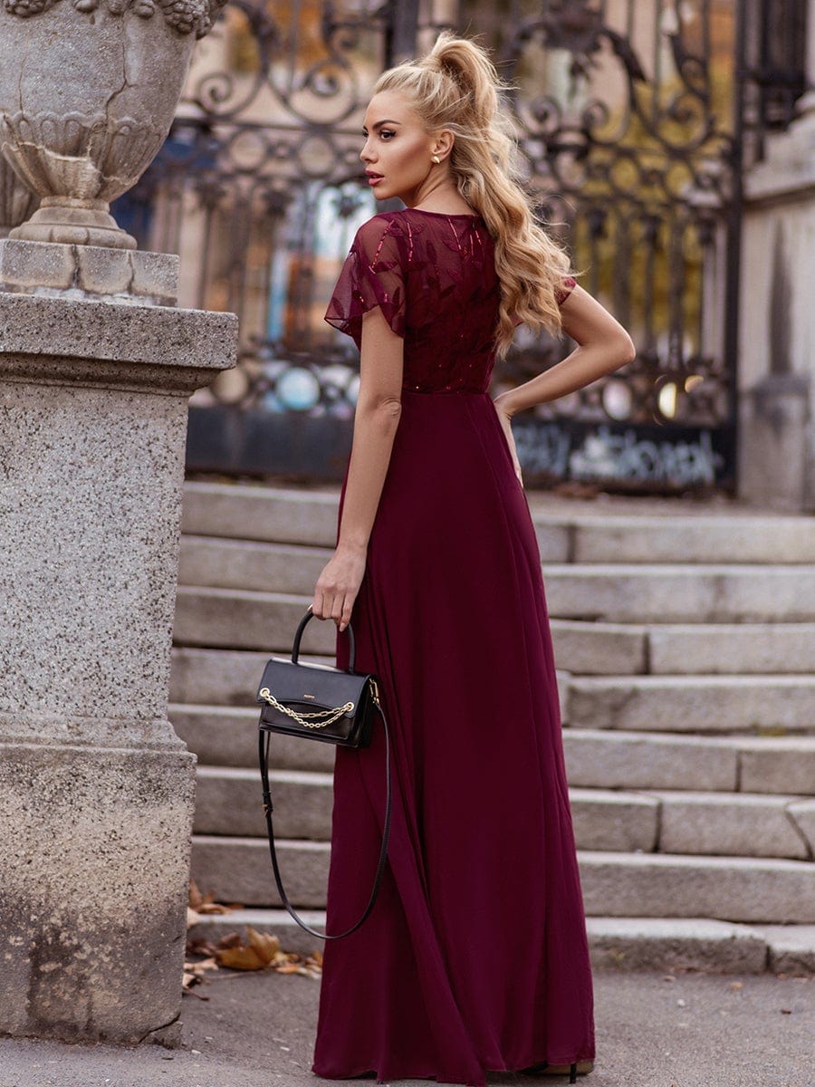 Sequin Print Evening Party Dresses for Women with Cap Sleeve #color_Burgundy