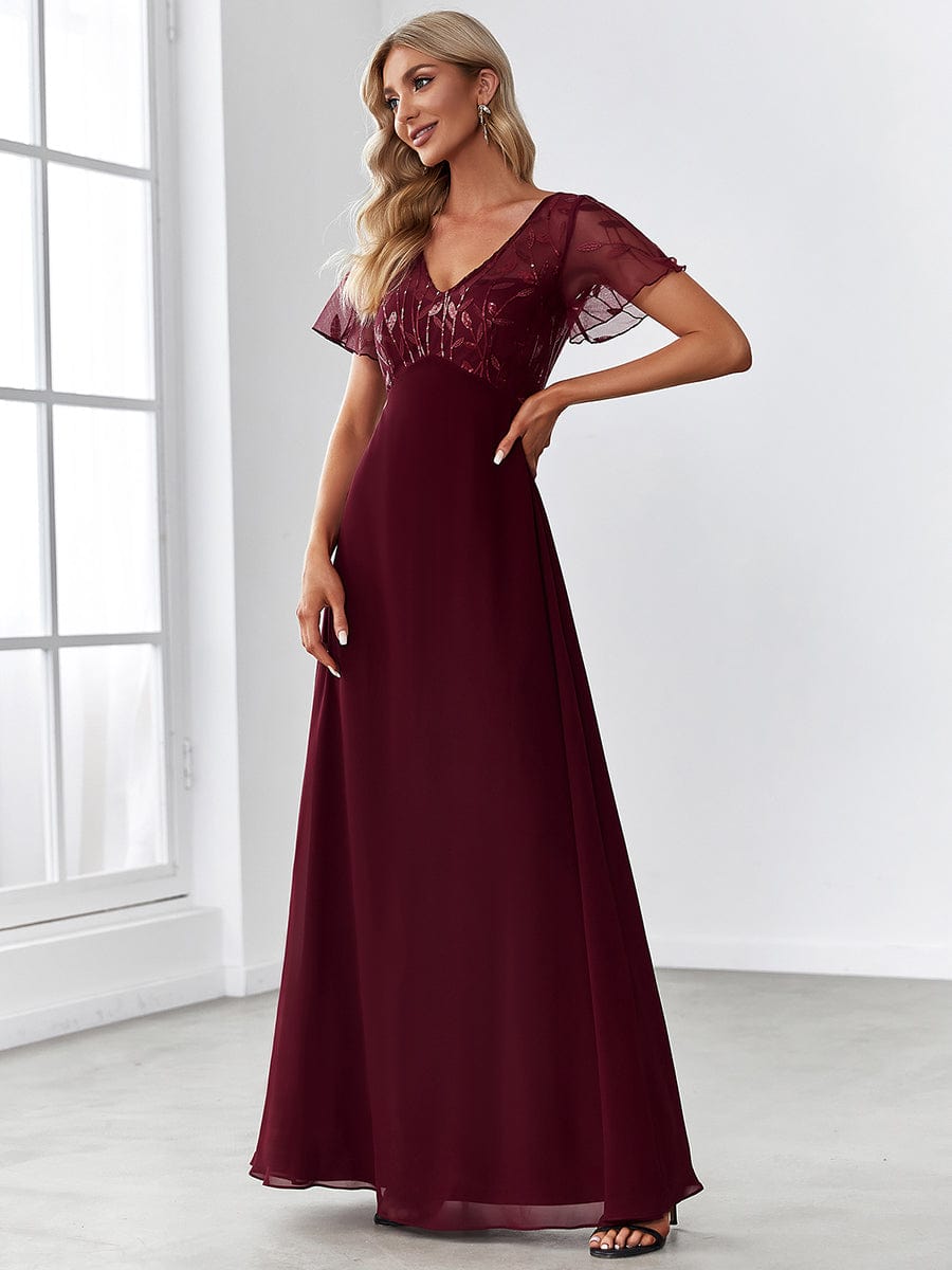 Sequin Print Evening Party Dresses for Women with Cap Sleeve #color_Burgundy