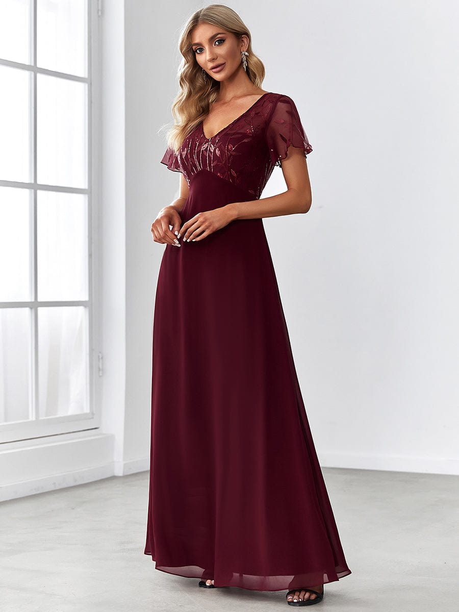 Sequin Print Evening Party Dresses for Women with Cap Sleeve #color_Burgundy