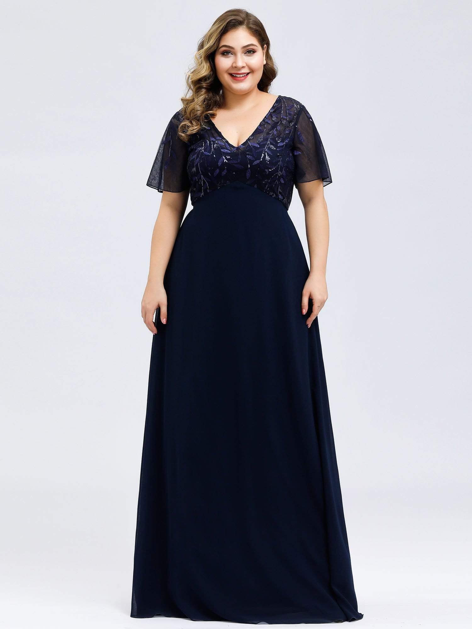 Plus Size Floral Sequin Print Evening Party Dresses with Cap Sleeve #color_Navy Blue