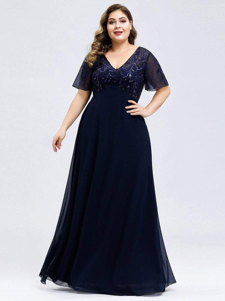 Sequin Print Evening Party Dresses for Women with Cap Sleeve #color_Navy Blue