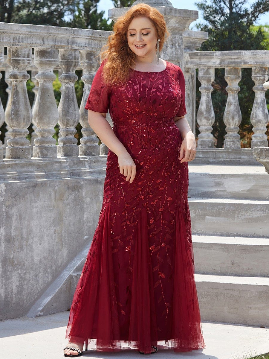 Plus Size Sequin Leaf Long Mermaid Tulle Prom Dress #color_Burgundy