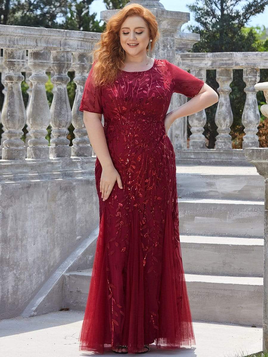 Plus Size Sequin Leaf Long Mermaid Tulle Prom Dress #color_Burgundy