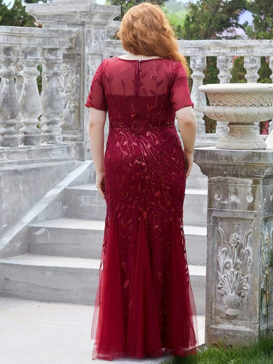 Plus Size Sequin Leaf Long Mermaid Tulle Prom Dress #color_Burgundy