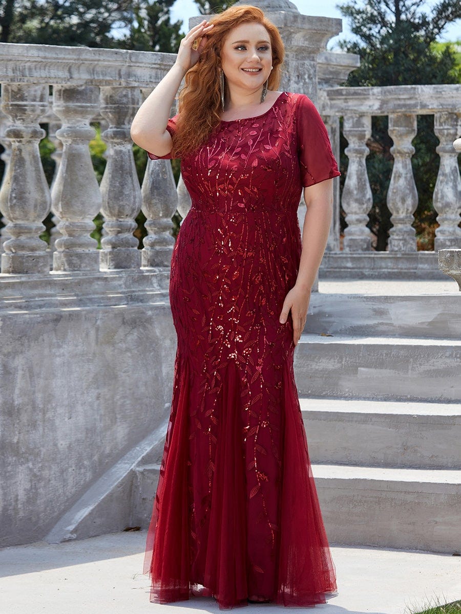 Plus Size Sequin Leaf Long Mermaid Tulle Prom Dress #color_Burgundy