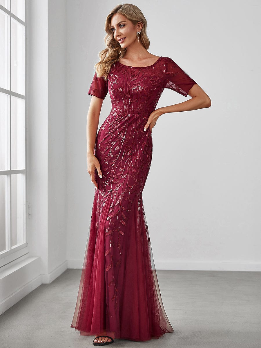 Custom Size Sequin Leaf Maxi Long Fishtail Tulle Prom Dresses With Half Sleeves #color_Burgundy