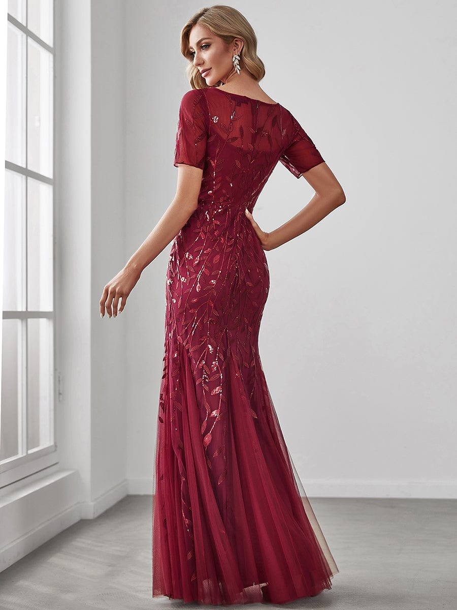 Custom Size Sequin Leaf Maxi Long Fishtail Tulle Prom Dresses With Half Sleeves #color_Burgundy