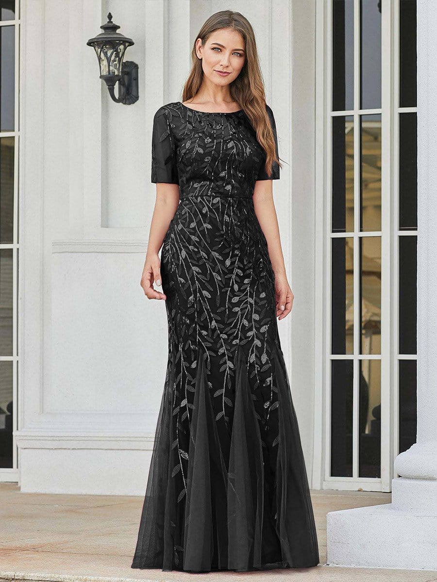 Custom Size Sequin Leaf Maxi Long Fishtail Tulle Prom Dresses With Half Sleeves #color_Black