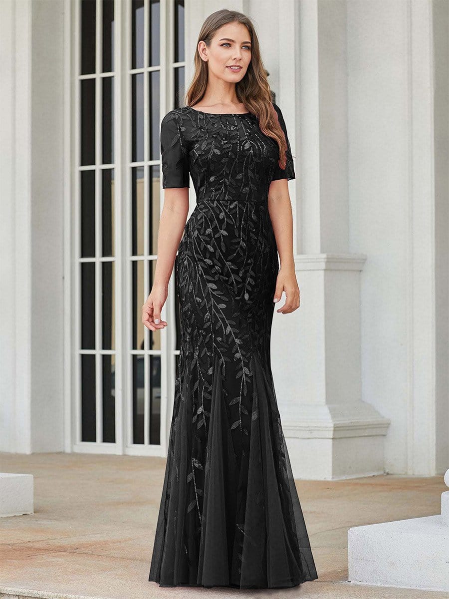 Custom Size Sequin Leaf Maxi Long Fishtail Tulle Prom Dresses With Half Sleeves #color_Black