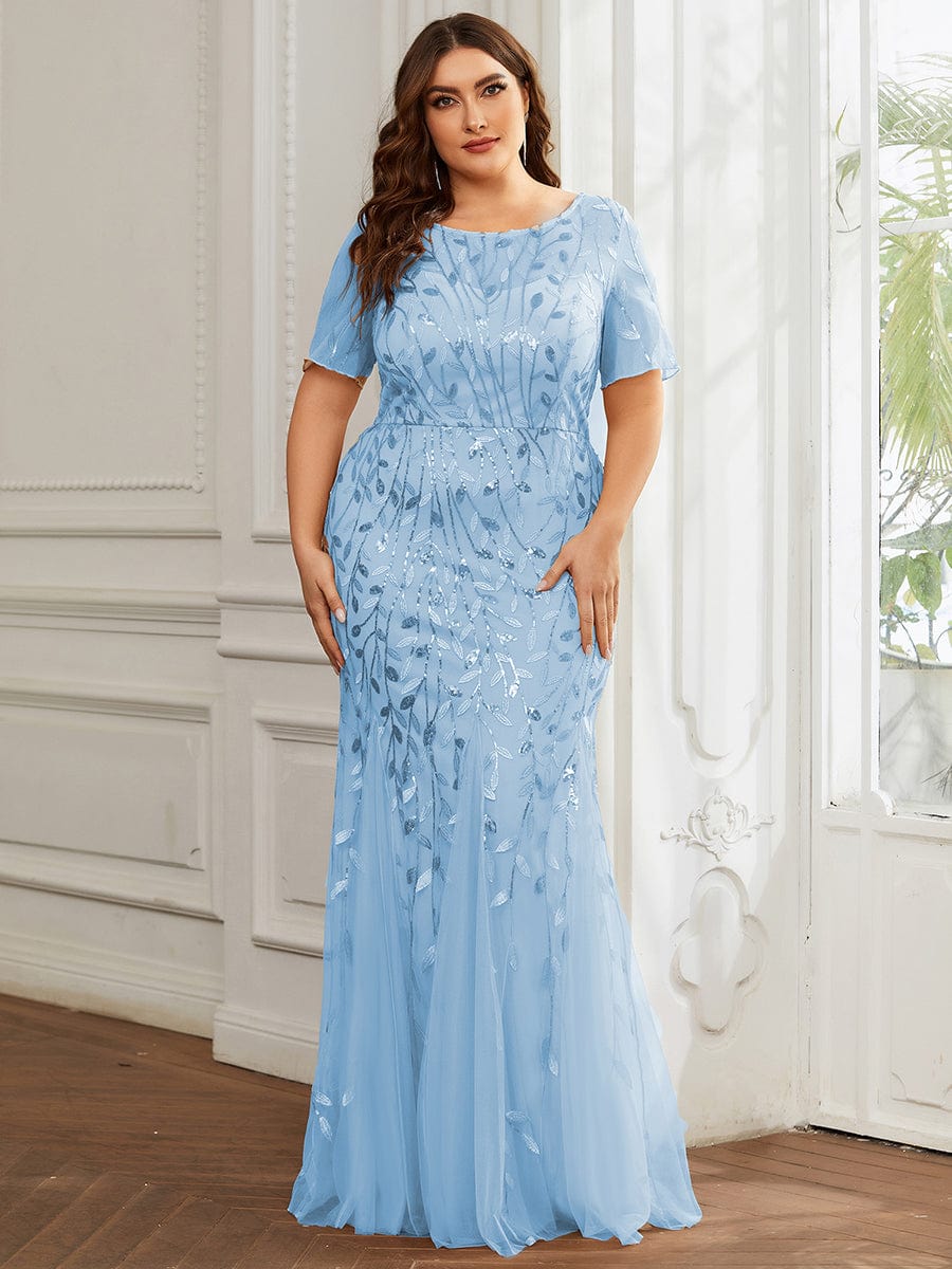 Custom Size Sequin Leaf Maxi Long Fishtail Tulle Prom Dresses With Half Sleeves #color_Sky Blue