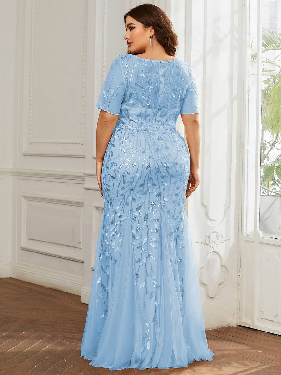 Custom Size Sequin Leaf Maxi Long Fishtail Tulle Prom Dresses With Half Sleeves #color_Sky Blue