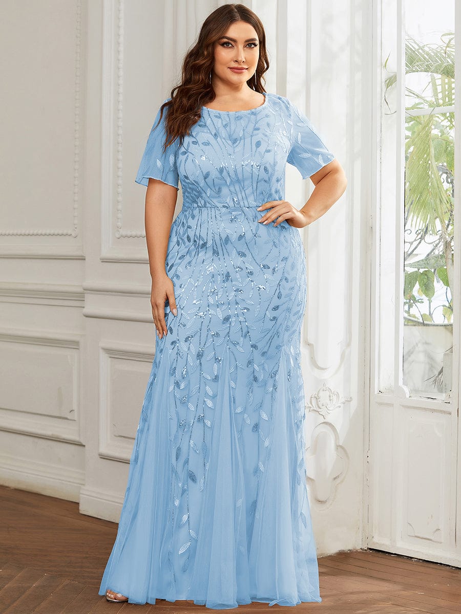 Custom Size Sequin Leaf Maxi Long Fishtail Tulle Prom Dresses With Half Sleeves #color_Sky Blue