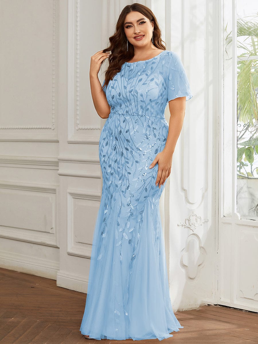 Custom Size Sequin Leaf Maxi Long Fishtail Tulle Prom Dresses With Half Sleeves #color_Sky Blue