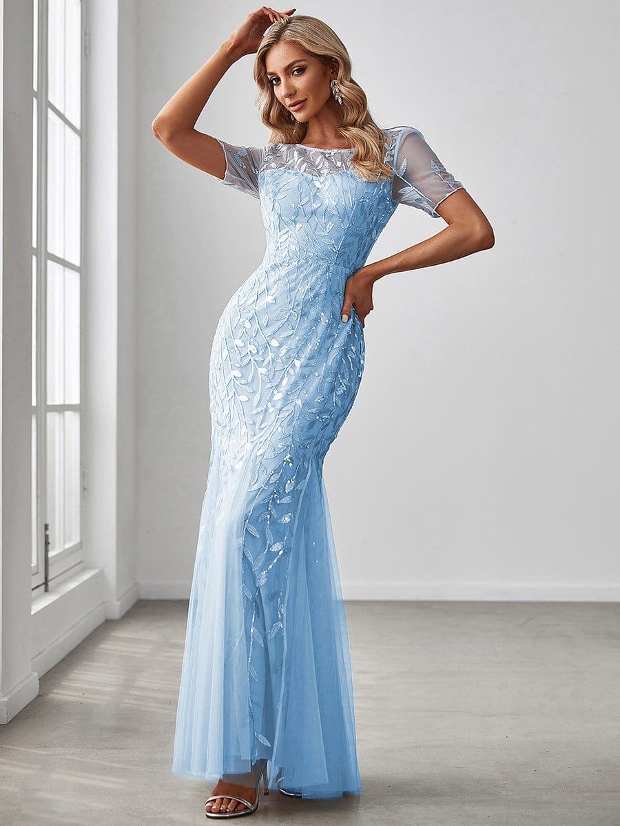 Custom Size Sequin Leaf Maxi Long Fishtail Tulle Prom Dresses With Half Sleeves #color_Sky Blue