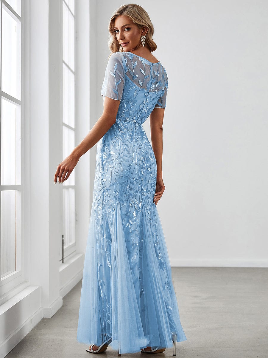 Custom Size Sequin Leaf Maxi Long Fishtail Tulle Prom Dresses With Half Sleeves #color_Sky Blue