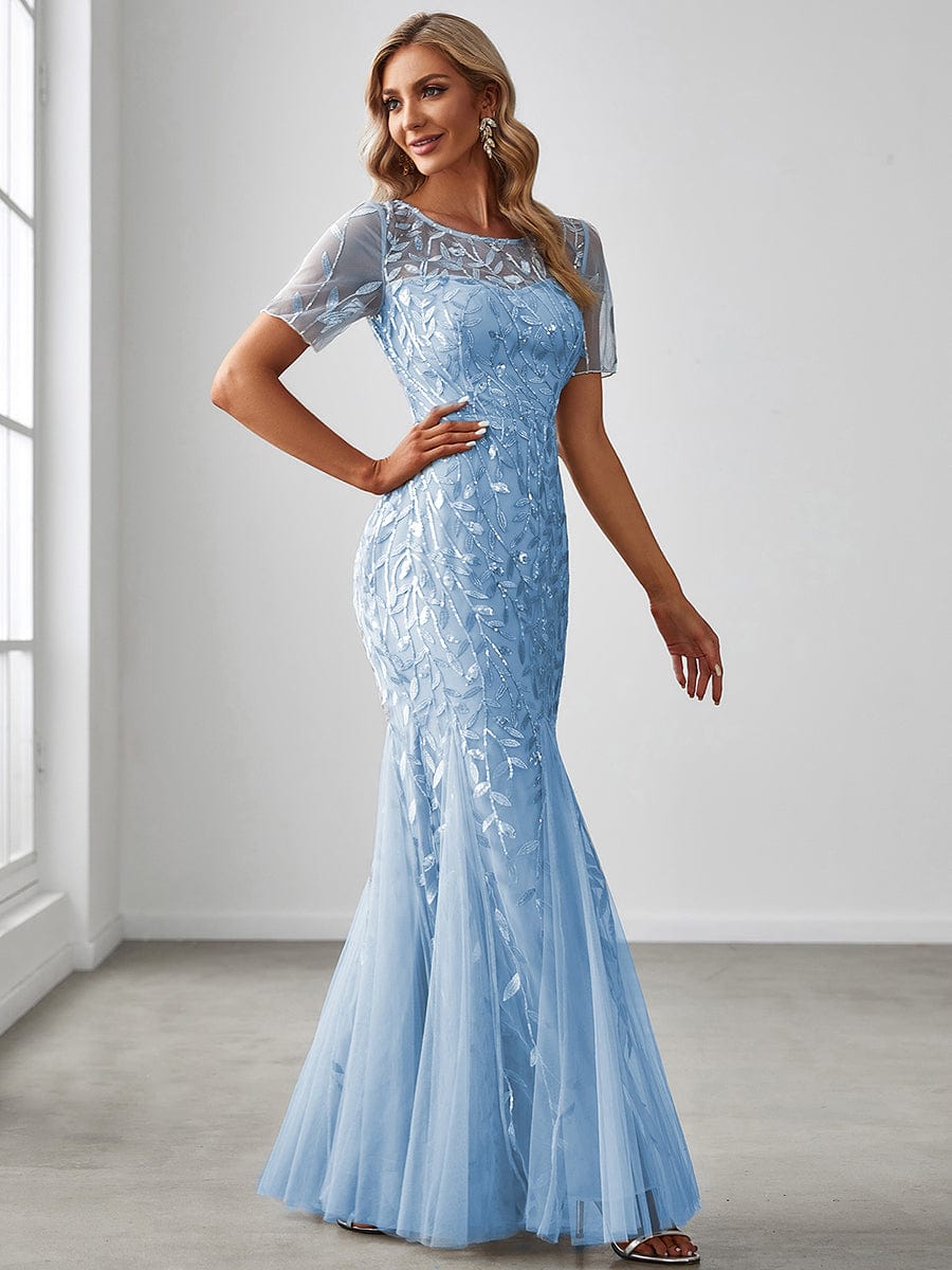 Custom Size Sequin Leaf Maxi Long Fishtail Tulle Prom Dresses With Half Sleeves #color_Sky Blue