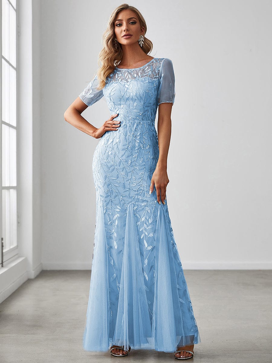 Custom Size Sequin Leaf Maxi Long Fishtail Tulle Prom Dresses With Half Sleeves #color_Sky Blue